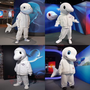 White Beluga Whale mascot costume character dressed with Windbreaker and Caps