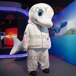 White Beluga Whale mascot costume character dressed with Windbreaker and Caps