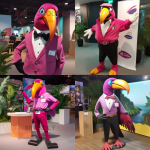 Magenta Toucan mascot costume character dressed with Poplin Shirt and Lapel pins