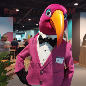 Magenta Toucan mascot costume character dressed with Poplin Shirt and Lapel pins