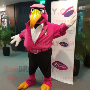 Magenta Toucan mascot costume character dressed with Poplin Shirt and Lapel pins