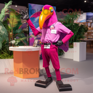 Magenta Toucan mascot costume character dressed with Poplin Shirt and Lapel pins