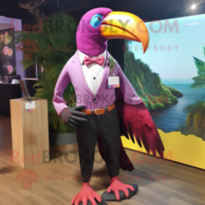 Magenta Toucan mascot costume character dressed with Poplin Shirt and Lapel pins