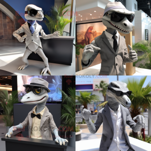 Gray Velociraptor mascot costume character dressed with Blazer and Sunglasses