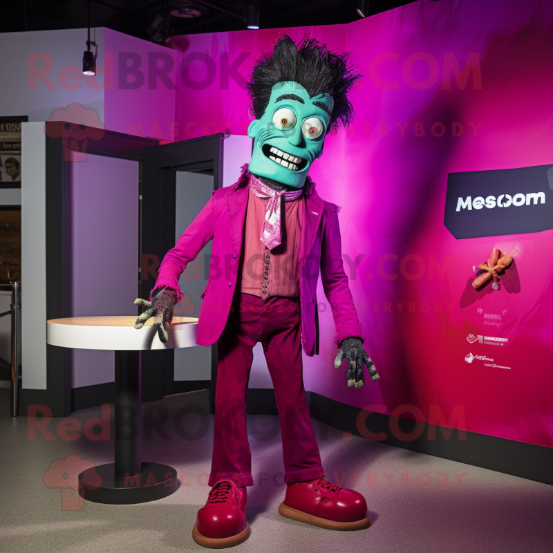 Magenta Frankenstein mascot costume character dressed with Flare Jeans and Tie pins Magenta Frankenstein mascot costume character dressed with Flare Jeans and Tie pins