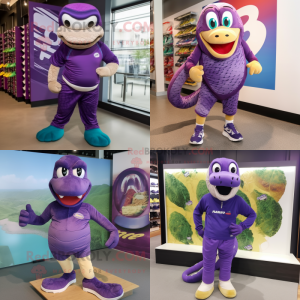 Purple Anaconda mascot costume character dressed with Board Shorts and Shoe laces