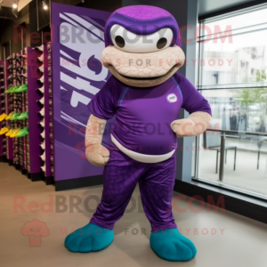 Purple Anaconda mascot costume character dressed with Board Shorts and Shoe laces