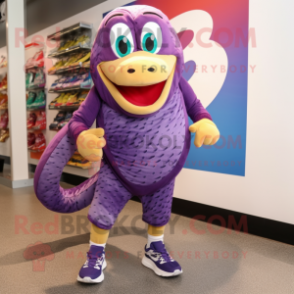 Purple Anaconda mascot costume character dressed with Board Shorts and Shoe laces