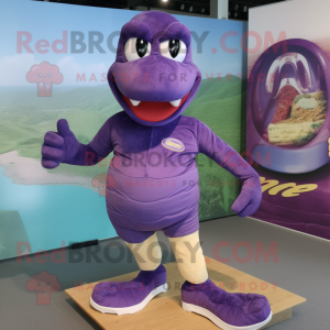 Purple Anaconda mascot costume character dressed with Board Shorts and Shoe laces