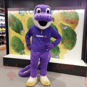 Purple Anaconda mascot costume character dressed with Board Shorts and Shoe laces