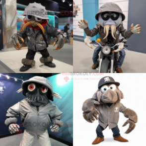 Gray hermit crab mascot costume character dressed with Biker Jacket and Hat pins