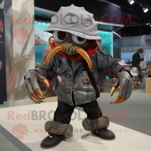 Gray hermit crab mascot costume character dressed with Biker Jacket and Hat pins