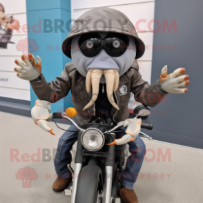 Gray hermit crab mascot costume character dressed with Biker Jacket and Hat pins