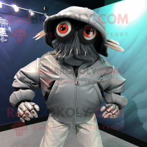 Gray hermit crab mascot costume character dressed with Biker Jacket and Hat pins