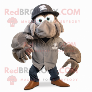 Gray hermit crab mascot costume character dressed with Biker Jacket and Hat pins