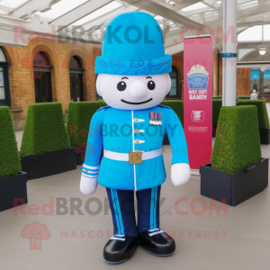 Sky Blue British Royal Guard mascot costume character dressed with Suit Pants and Shoe laces