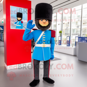 Sky Blue British Royal Guard mascot costume character dressed with Suit Pants and Shoe laces