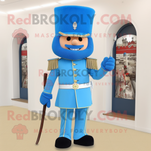 Sky Blue British Royal Guard mascot costume character dressed with Suit Pants and Shoe laces