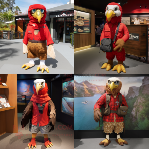 Red Haast's eagle mascot costume character dressed with Cargo Shorts and Scarves