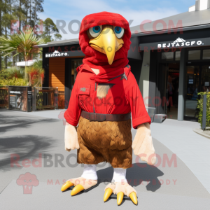 Red Haast's eagle mascot costume character dressed with Cargo Shorts and Scarves