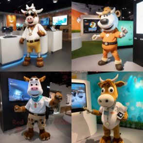 Tan Cow mascot costume character dressed with Shorts and Smartwatches