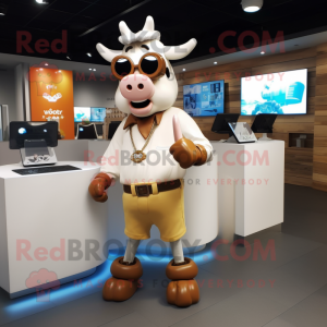 Tan Cow mascot costume character dressed with Shorts and Smartwatches