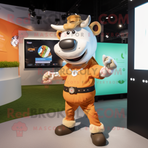 Tan Cow mascot costume character dressed with Shorts and Smartwatches