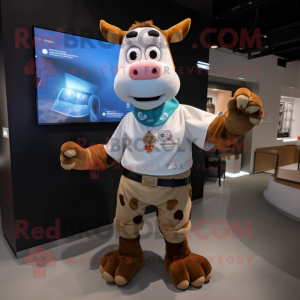 Tan Cow mascot costume character dressed with Shorts and Smartwatches