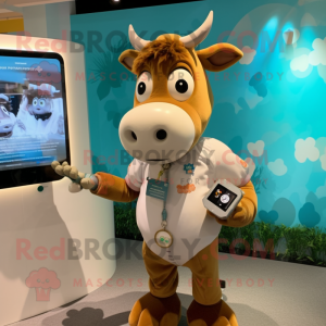 Tan Cow mascot costume character dressed with Shorts and Smartwatches