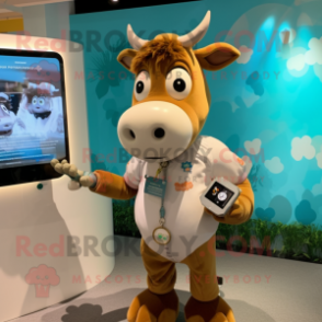 Tan Cow mascot costume character dressed with Shorts and Smartwatches