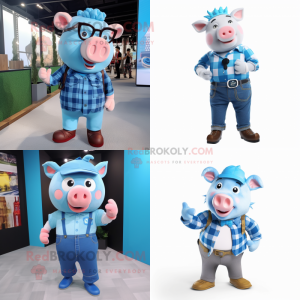 Sky Blue Pig mascot costume character dressed with Flannel Shirt and Smartwatches