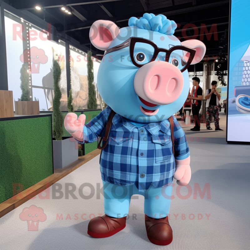 Sky Blue Pig mascot costume character dressed with Flannel Shirt and Smartwatches