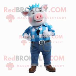 Sky Blue Pig mascot costume character dressed with Flannel Shirt and Smartwatches