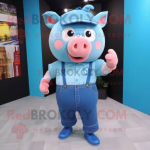 Sky Blue Pig mascot costume character dressed with Flannel Shirt and Smartwatches