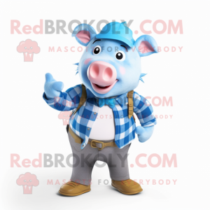 Sky Blue Pig mascot costume character dressed with Flannel Shirt and Smartwatches