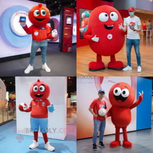 Red handball ball mascot costume character dressed with Boyfriend Jeans and Smartwatches