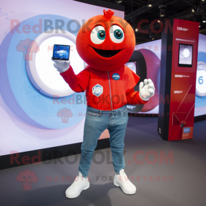 Red handball ball mascot costume character dressed with Boyfriend Jeans and Smartwatches