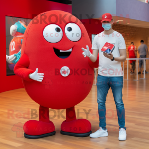 Red handball ball mascot costume character dressed with Boyfriend Jeans and Smartwatches