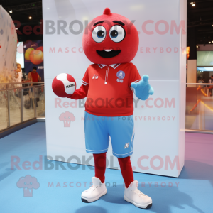 Red handball ball mascot costume character dressed with Boyfriend Jeans and Smartwatches