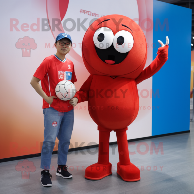 Red handball ball mascot costume character dressed with Boyfriend Jeans and Smartwatches