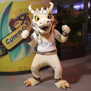 Cream chupacabra mascot costume character dressed with Graphic Tee and Bracelets