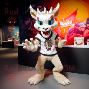 Cream chupacabra mascot costume character dressed with Graphic Tee and Bracelets