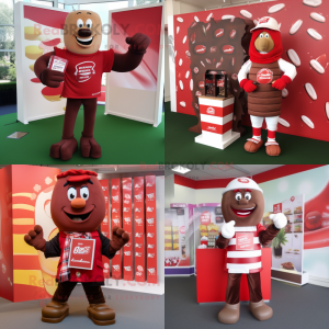 Red Chocolate bar mascot costume character dressed with Rugby Shirt and Scarf clips