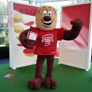 Red Chocolate bar mascot costume character dressed with Rugby Shirt and Scarf clips