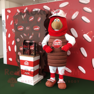 Red Chocolate bar mascot costume character dressed with Rugby Shirt and Scarf clips