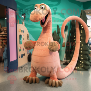 Peach loch ness monster mascot costume character dressed with Corduroy Pants and Hairpins