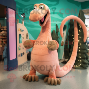 Peach loch ness monster mascot costume character dressed with Corduroy Pants and Hairpins