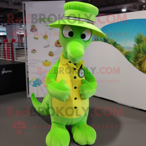 Lime Green Sea Horse mascot costume character dressed with Waistcoat and Hat pins