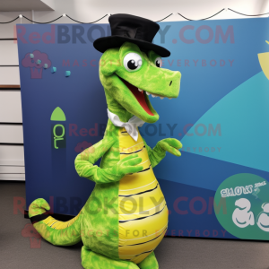 Lime Green Sea Horse mascot costume character dressed with Waistcoat and Hat pins