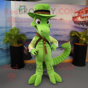 Lime Green Sea Horse mascot costume character dressed with Waistcoat and Hat pins